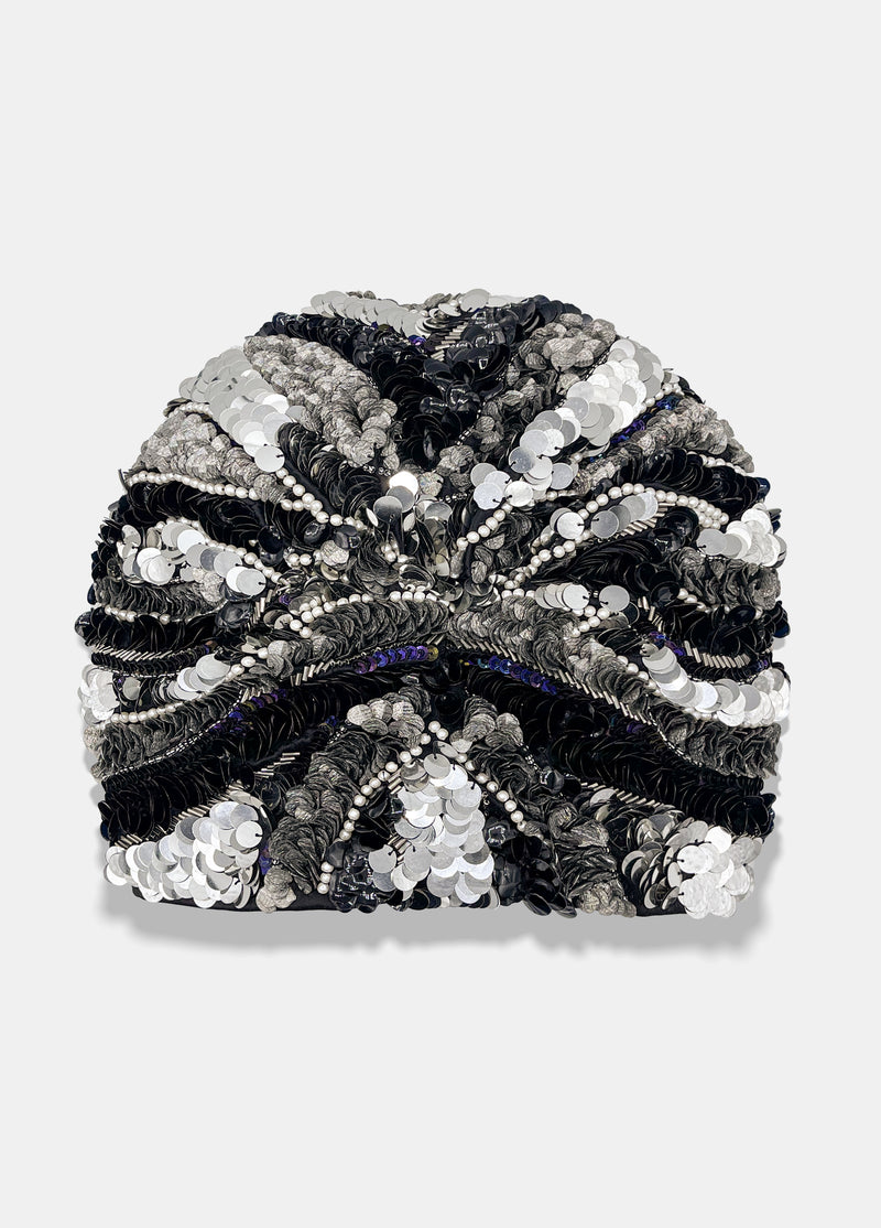 Black and silver sequin luxury turban