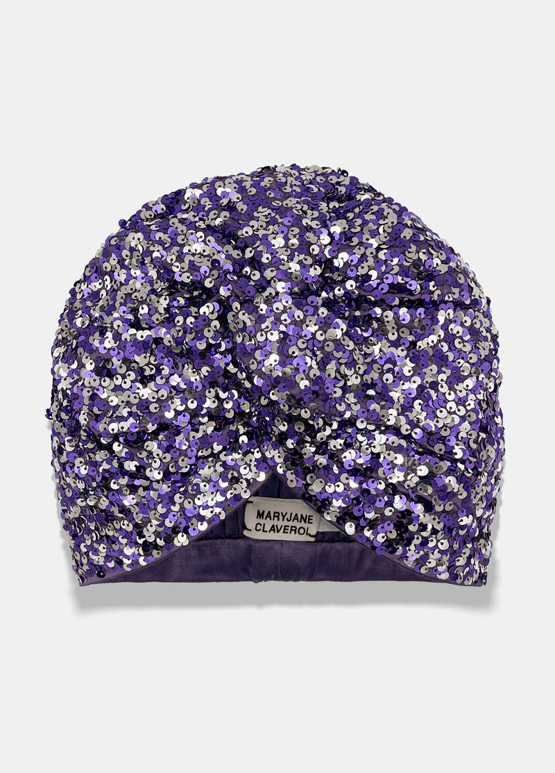 Hand made luxury turban in purple color designed by Maryjane cCaverol