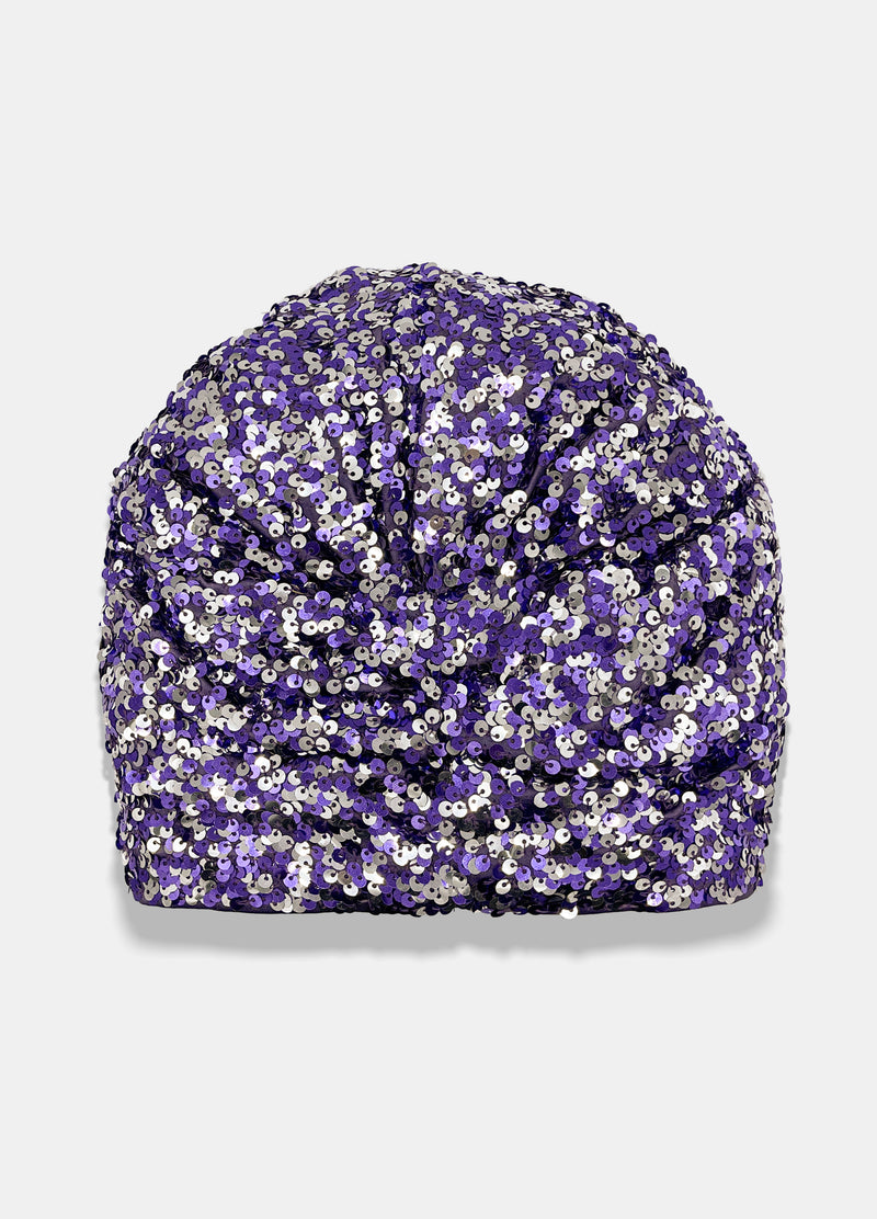 Hand made luxury turban in purple color designed by Maryjane cCaverol
