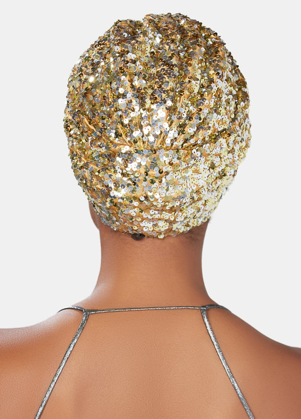 luxury hand embellished turban made in gold and silver sequins