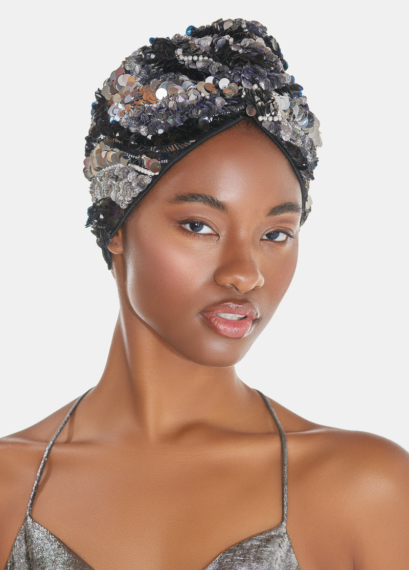 Black and silver sequin luxury turban