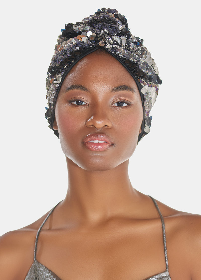 Black and silver sequin luxury turban