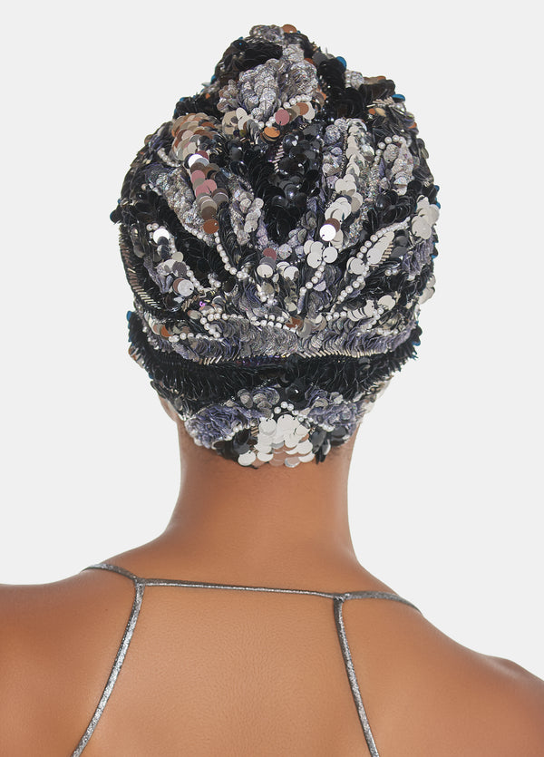 Black and silver sequin luxury turban