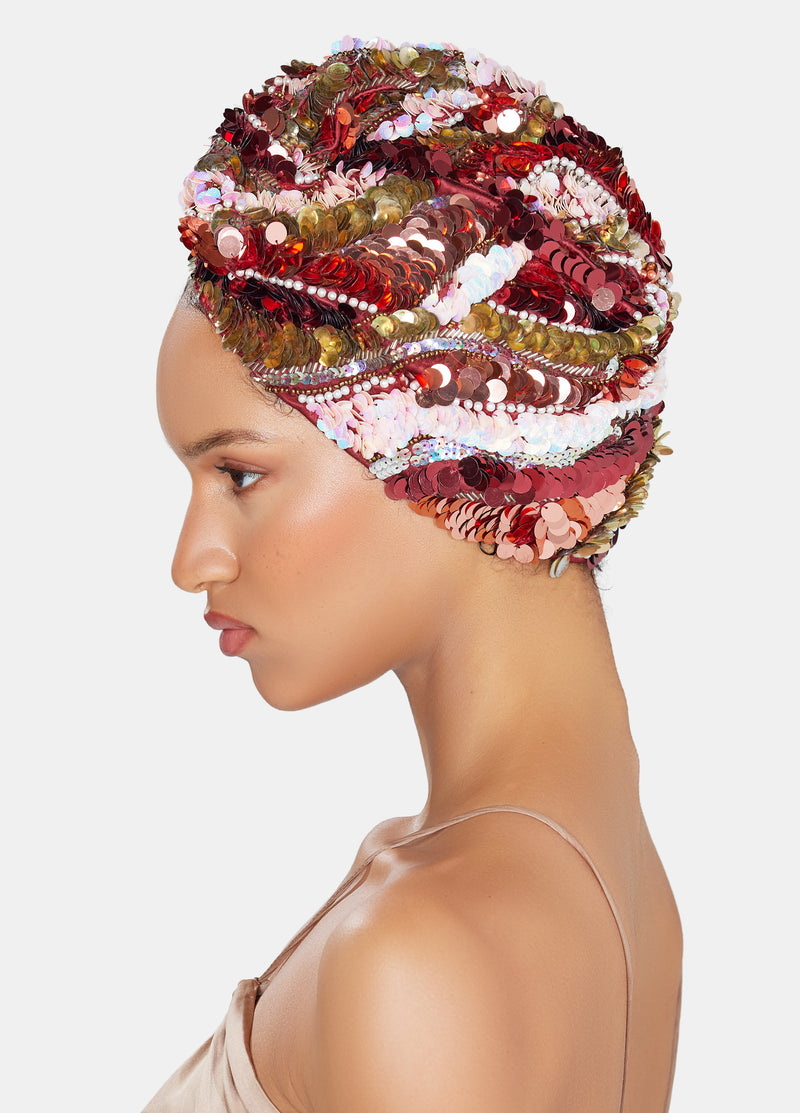 Gold pink sequin luxury turban